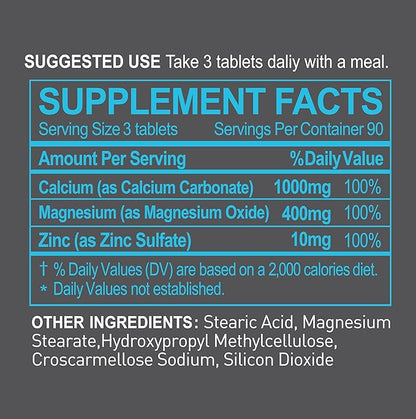 Calcium Magnesium Zinc Supplement - 3-in-1 Complex with 1000mg Calcium, 500mg Magnesium, 10mg Zinc - Bone, Muscle & Immune Support - 270 Tablets, 90 Day Supply