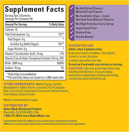 Nature Made Zero Sugar Hair Skin Nails Gummies, Biotin 2500 mcg per Serving, 120 Sugar Free Gummies, 60 Day Supply