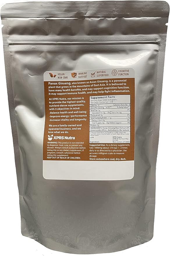 XPRS Nutra Ginseng Root Extract Powder - Ginseng Powder Supports Cognitive Function, Physical Performance, and Immune System - Vegan Friendly Panax Ginseng in Powder Form (8 Ounce)