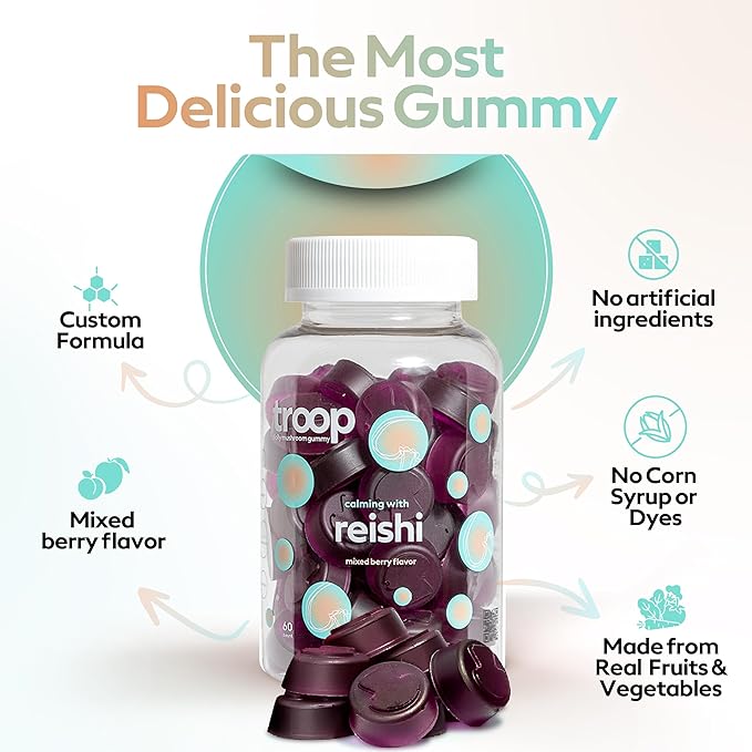 Troop Reishi Mushroom Gummies - Calming Gummies for Adults and Children - Focus Supplement for Stress, Relaxation, Immune Support - 4000mg Triple-Extracted Fruiting Body - Mixed Berry, 60 Count