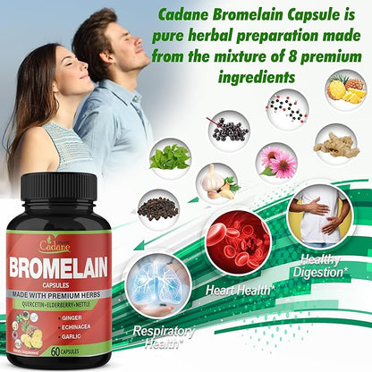 Organic Cadane Bromelain Extract Capsules, 8in1 with Quercetin, Elderberry, Nettle, Ginger, Echinacea, Garlic, Black Pepper - Support Digestion Health & Immune System - 60 Capsules