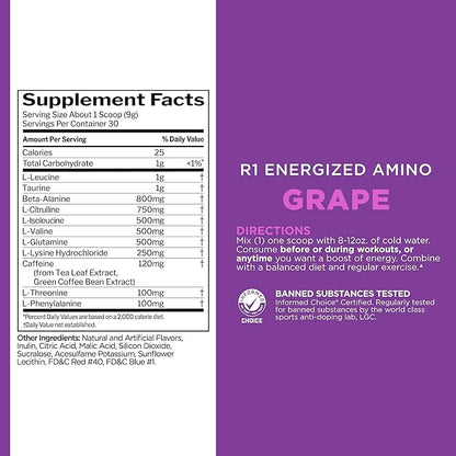 Rule 1 Energized Amino – Anytime Energy and Recovery Support with BCAAs, Glutamine, Citrulline, Beta Alanine, and Caffeine from Green Coffee & Tea Leaf Extracts (30 Servings, Grape)