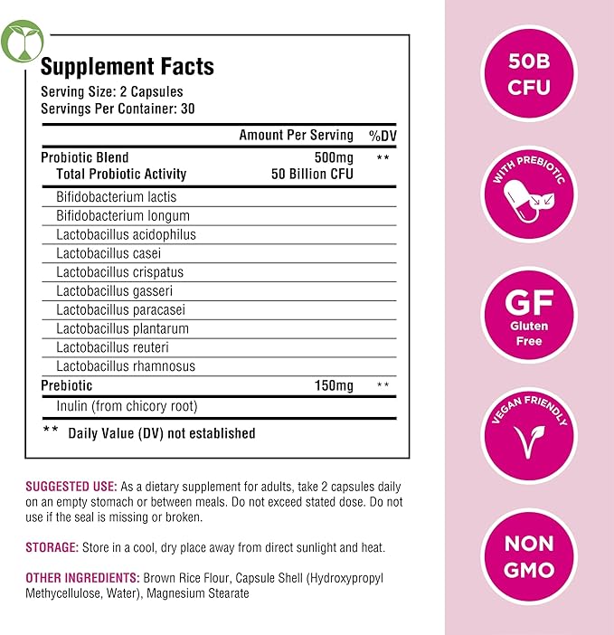 Probiotics for Women 60 Capsules | 50 Billion CFU Scientifically Formulated Multi Strain Probiotic Blend | Organic Supplements with Prebiotics for Womens Health (Women's Complete Probiotics)