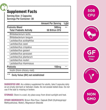 Probiotics for Women 60 Capsules | 50 Billion CFU Scientifically Formulated Multi Strain Probiotic Blend | Organic Supplements with Prebiotics for Womens Health (Women's Complete Probiotics)