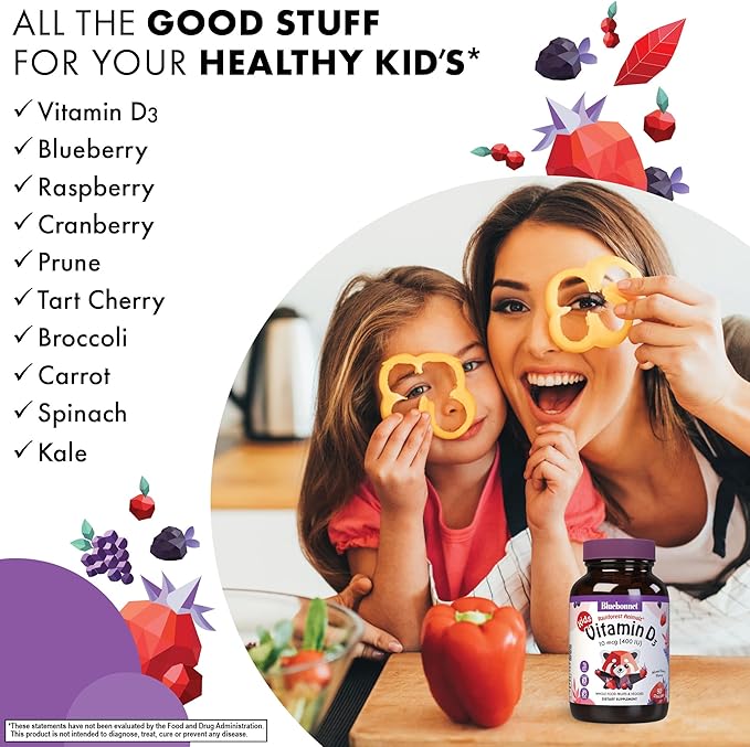 Bluebonnet Nutrition Rainforest Animalz Vitamin D3 400 IU Chewable Tablet, Soy, Dairy & Gluten-Free, Non-GMO, Kosher Certified, Vegetarian Friendly, Natural Mixed Berry Flavor, 90 Count