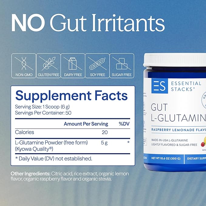 Essential Stacks Gut L-Glutamine Powder - Exclusively Made in USA - Pure L Glutamine Powder for Gut Health (50 Servings, Raspberry Lemonade)