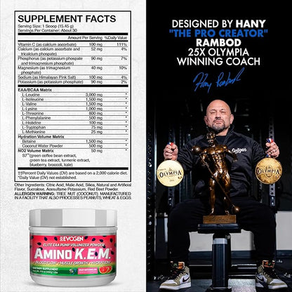 Evogen Amino K.E.M. - EAA & BCAA Powder Pump Volumizer | BCAAs Amino Acids Supplement for Blood Flow, Muscle Growth, & Hydration | Sour Watermelon | 30 Servings