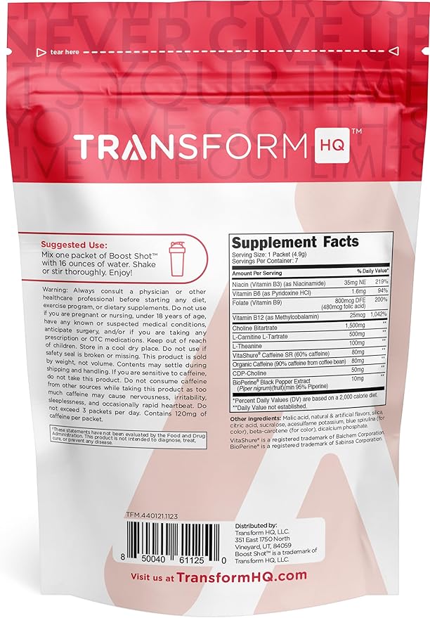 TransformHQ Boost Shot Powder Drink Stick Packets, Crisp Apple, 7 Pack, Energy Supplements for Women & Men, with Caffeine, Vitamin B12, B9, B6 & B3