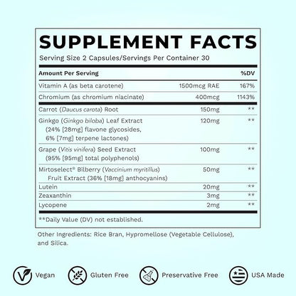 Visibili-T - Vitamin Supplement for Eye Health & Vision Support - Carrot Root, Chromium, Bilberry, Ginkgo Biloba, Grape Seed Extract, Lycopene, Vitamin A, Lutein & Zeaxanthin - 60 Capsules