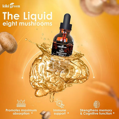 Kiki Green 8 Mushrooms Liquid Extract Drops - Adaptogenic Complex for Cognitive Support, Immunity Boost - Lions Mane Supplement, Cordyceps, Chaga, Reishi, Shiitake, Maitake, Red Reishi