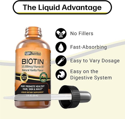 MAX Absorption Biotin Liquid Drops, 10000mcg of Biotin Per Serving, 60 Serving, No Artificial Preservatives, Vegan Friendly, Supports Healthy Hair Growth, Strong Nails and Glowing Skin, Made in USA