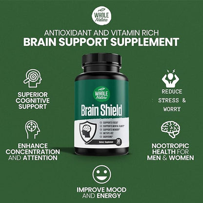 Brain Booster Nootropics - Brain Shield with Ginkgo Biloba, Alpha GPC and Bacopa Monnieri, Vitamin B12, B3 - Support Focus, Memory & Clarity, Energy & Stress Relief. (1)