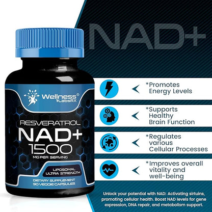 NAD Supplement, 1500mg - Liposomal NAD+ Supplement with Resveratrol, NAD Plus Boosting - Support Cellular Health, Stamina & Healthy Aging - Ultra Strength Capsules, USA Made - 2 Pack