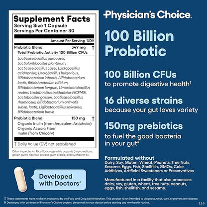 Physician's CHOICE 100 Billion Advanced Probiotic - 16 Strains + Organic Prebiotics - Digestive & Gut Health - Supports Occasional Constipation, Diarrhea, Gas & Bloating - Probiotics for Women & Men