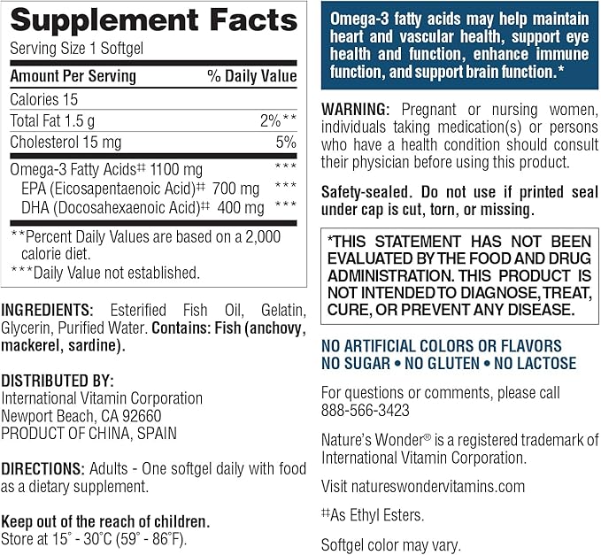 Nature's Wonder Fish Oil 1100mg Omega-3 Fish Oil Supplements for Women and Men, EPA & DHA for Healthy Joints, Heart, Immune System, 120 Day Supply of Softgels