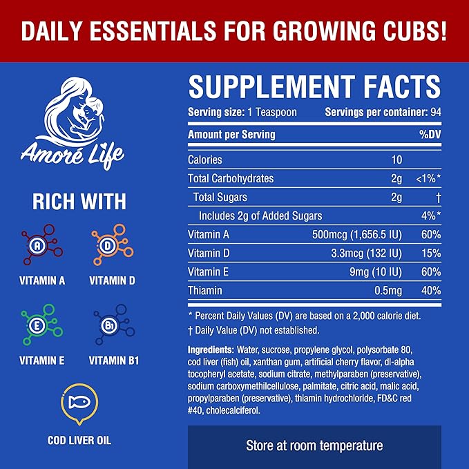 Daily Liquid Multivitamin for Kids, High Absorption with Vitamins A, D, E, B1 and Cod Liver Oil, Vitamin Supplements for Kids, Family Friendly, 16oz, Cherry Flavor