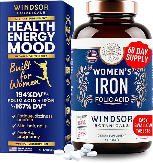 Iron and Folic Acid Supplements for Women - 35mg Gentle Iron Vitamin, Folic Acid 400mcg - Anemia, Period, Pregnancy Support Supplement, Ferrous Sulfate Pills - 60 Vegan Non-Constipating Tablets