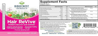 RidgeCrest Herbals Hair ReVive, Nutritional Hair Supplement with Vitamin C, Biotin (6000mcg), Zinc, and Copper, Hair Vitamins for Women to Support Healthy Hair, Skin, and Nails (120 Caps, 30 Servings)