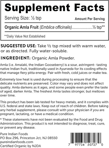 Pure Indian Foods Organic Amla Powder, 8 oz, Water-Soluble Amalaki, Ayurveda Dietary Supplement Dissolves Completely in Water, Perfect for Capsules