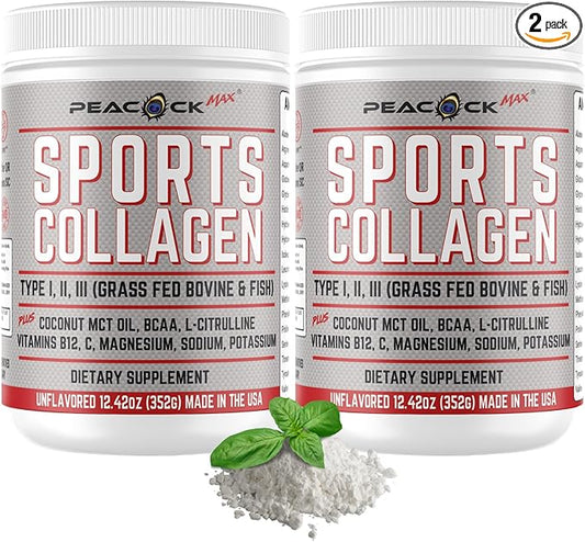 Sports Collagen Powder, 12.42 oz, Pack of 2 - Grass Fed Bovine & Wild Fish Hydrolyzed Type I, II, III Multi Collagen Peptides, Unflavored Protein Powder with BCAA, Magnesium & Electrolytes