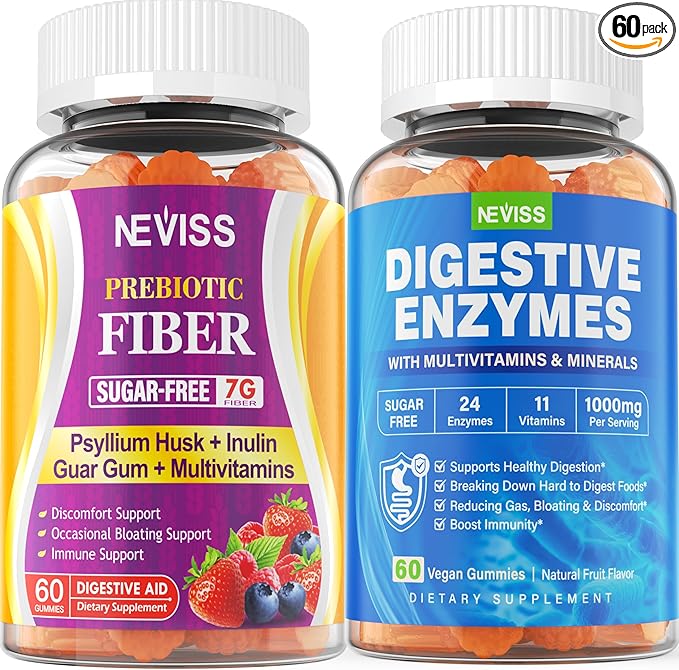 NEVISS Psyllium Husk Prebiotic Fiber Gummies - 7G Fiber with 2000mg Prebiotic Fiber Blend & Multivitamins - Inulin, Fos, Guar Gum & Multi Digestive Enzymes Vitamin Gummies Chewable