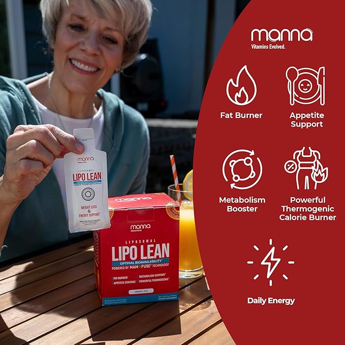 Manna Liposomal Lipo Lean – Thermogenic Fat Burner & Appetite Suppressant – Weight Loss Support for Women & Men – Liposomal Absorption CLA, Carnitine, Green Tea, 30 Single-Serve Packets