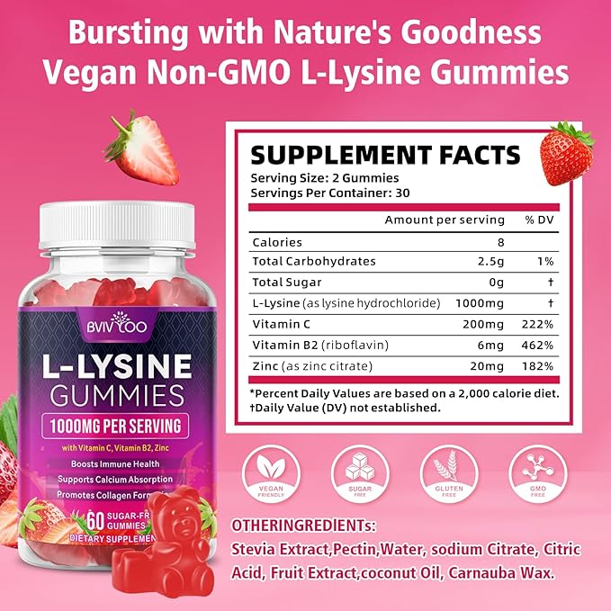 2 Pack L-Lysine 1000mg Gummies for Immune Support & Skin Health - High Potency Vegan Gummies, Sugar-Free, Natural Berry Flavor, Gluten-Free Chewable Supplement for Adults & Kids - 120 Gummiess