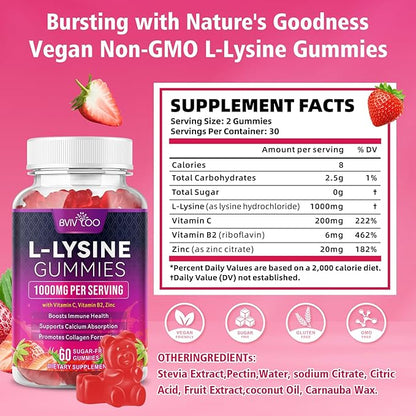 2 Pack L-Lysine 1000mg Gummies for Immune Support & Skin Health - High Potency Vegan Gummies, Sugar-Free, Natural Berry Flavor, Gluten-Free Chewable Supplement for Adults & Kids - 120 Gummiess