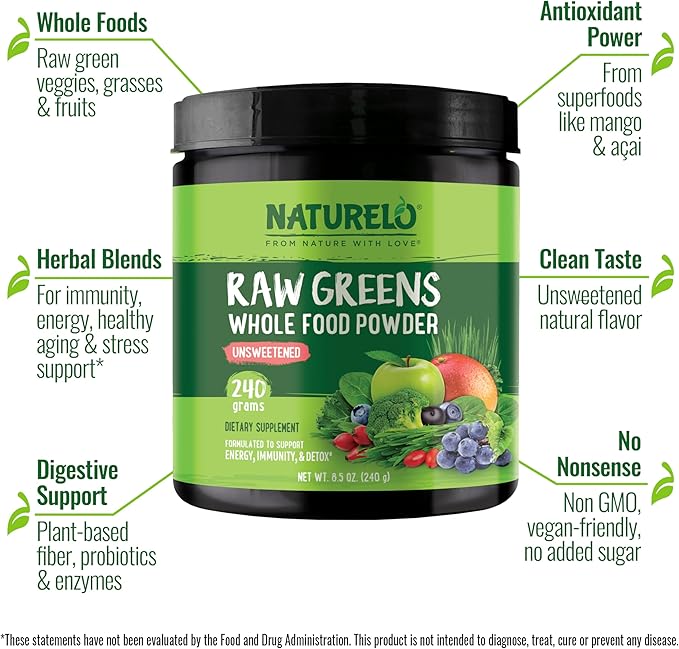 NATURELO Raw Greens Superfood Powder - Unsweetened - Boost Energy, Detox, Enhance Health - Organic Spirulina - Wheat Grass - Whole Food Nutrition from Fruits & Vegetables - 240 Grams