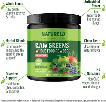 NATURELO Raw Greens Superfood Powder - Unsweetened - Boost Energy, Detox, Enhance Health - Organic Spirulina - Wheat Grass - Whole Food Nutrition from Fruits & Vegetables - 240 Grams