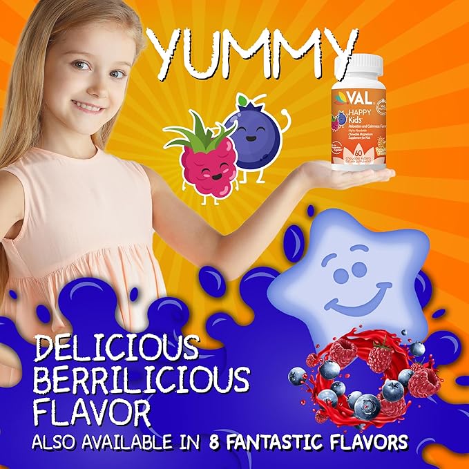 VAL Magnesium for Kids | High-Absorption Magnesium for Calm, Relaxation & Focus | Mg Glycinate, Citrate & Taurate | with Vitamin B6, D & C | Sugar-Free, Non-GMO | 60 Chewable Tablets