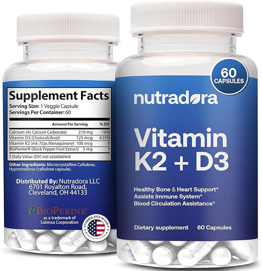 Vitamin D3 K2 Capsules for Men and Women - K2 D3 Vitamin Supplement for Healthy Heart and Bone Support, Immune System & Blood Circulation Assistance, Formulated in USA, 60 Veggie Capsules