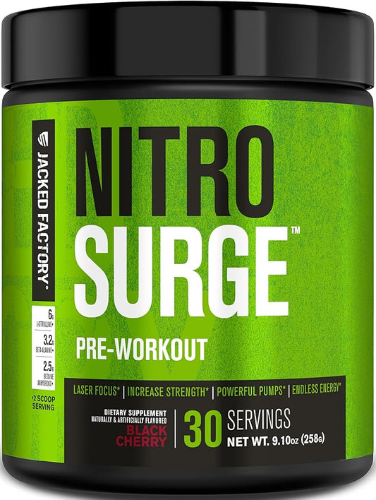 Jacked Factory NITROSURGE Pre Workout Supplement - Endless Energy, Instant Strength Gains, Clear Focus and Intense Pumps - NO Booster & Powerful Preworkout Energy Powder - 30 Servings, Black Cherry