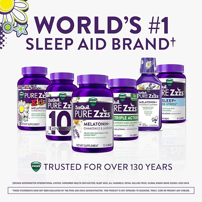 VICKS PURE Zzzs Kidz, Melatonin Sleep Aid Gummies for Kids and Children, Helps Your Child Fall Asleep Naturally, Low Dose Melatonin, 48 Gummies