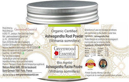 Pure Ashwgandha Powder (Withania somnifera) Organic Certified 100% Natural Therapeutic Grade 50gm (1.76 oz)