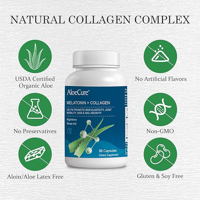 AloeCure Natural Melatonin + Collagen with Organic Aloe Vera - Natural Sleep Aid Supplement for Restful Nights - Collagen Complex for Joint Strength, Skin Elasticity, Hair & Nail Growth, 30 Capsules