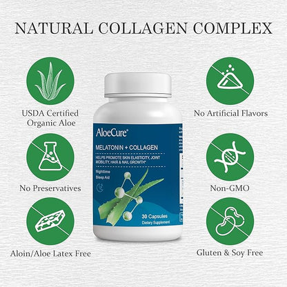 AloeCure Natural Melatonin + Collagen with Organic Aloe Vera - Natural Sleep Aid Supplement for Restful Nights - Collagen Complex for Joint Strength, Skin Elasticity, Hair & Nail Growth, 30 Capsules