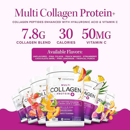 Multi Collagen Peptides Powder for Women - Hydrolyzed Flavored Collagen Powder for Women with Types I II III V & X Vitamin C & Hyaluronic Acid for Hair Skin and Nails (Peach Mango) - 30 Servings