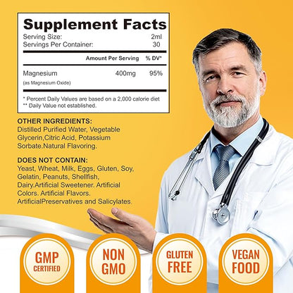 Liquid Magnesium Oxide 400mg Drops - Liquid Magnesium Oxide Supplement for Bone, Muscle, and Heart Health, Sublingual Magnesium Oxide, High Potency, Easy-to-Absorb, 60ml