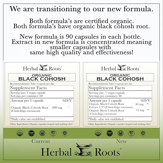 Herbal Roots Organic Black Cohosh Root | Extra Strength | Menopause and Menstrual Support for Women | 90 Capsules, Vegan