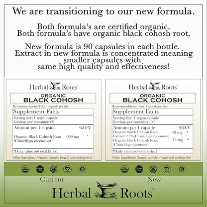 Herbal Roots Organic Black Cohosh Root | Extra Strength | Menopause and Menstrual Support for Women | 90 Capsules, Vegan