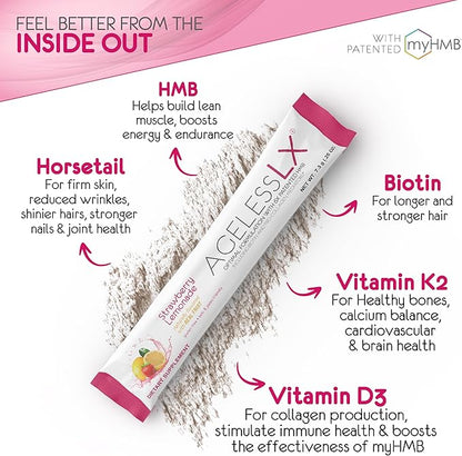 Powder Supplement for Women - with HMB Collagen Enhancer Plus Vitamin D3 with K2, Horsetail and Biotin for Lean Muscle and Stronger Hair and Nails - 30 Powder Packets Strawberry Lemonade