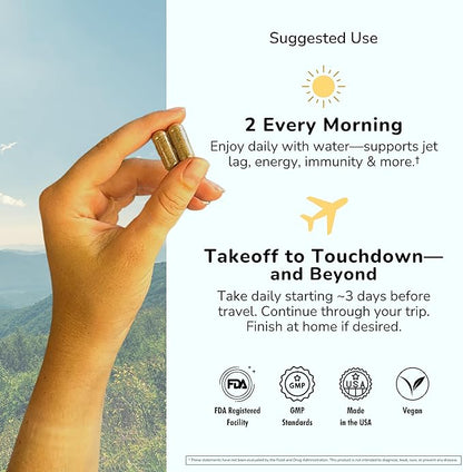 Supplement 2 Pack: Jet Lag Prevention + Ashwagandha, Rhodiola, D3+ for Immune Support, Energy, Digestive Health | Airplane Travel Essentials Multivitamin | Vegan | 120 Count
