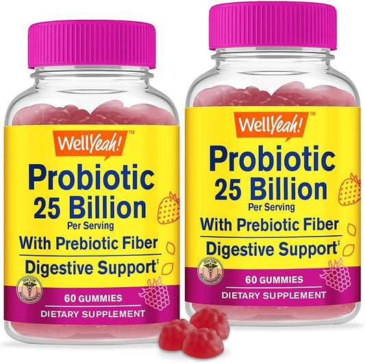 (2 Pack 25 Billion Probiotics + Prebiotics for Men and Women Gummies - Digestive Support, Gut Health, Immune Support Gummy - Probiotics for Digestive Health with 12 Strains - 60 Gummies
