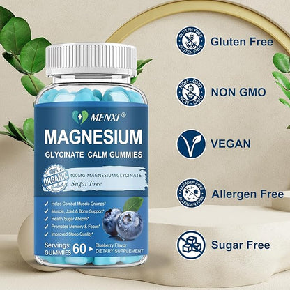 Magnesium Gummies 600mg per Serving-Magnesium Glycinate 400mg and Magnesium Malate 200mg,Sugar Free Magnesium Potassium Supplement for Calm Mood, Muscle, Bone & Energy Support,120 Blueberry Gummies