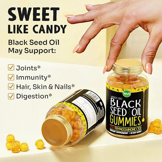 MAJU's Black Seed Oil Gummies 90ct, World's 1st, 2.5X Per BSO Gummy, Black Cumin Seed Nigella Sativa Oil, Cold-Pressed, Potent Formula with Cinnamon Extract, Tasty, 500mg 90ct