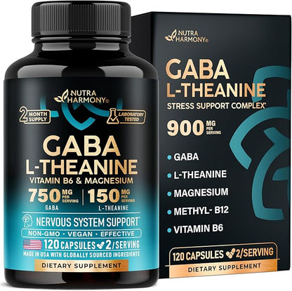 GABA L-Theanine 900 mg - Made in USA - Magnesium | Vitamin B6 - Calm, Sleep, Relaxation & Mood Support - 750 mg Gamma AminoButyric Acid, 150 mg L-Theanine - Non-Habit Forming, Vegan - 120 Capsules