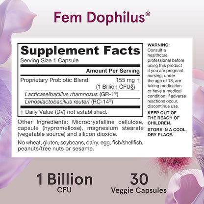 Jarrow Formulas Fem-Dophilus Probiotics 1 Billion CFU With 2 Science-Backed Strains, Dietary Supplement for Vaginal and Urinary Tract Support, 30 Veggie Capsules, Up to a 30 Day Supply, Shelf-Stable