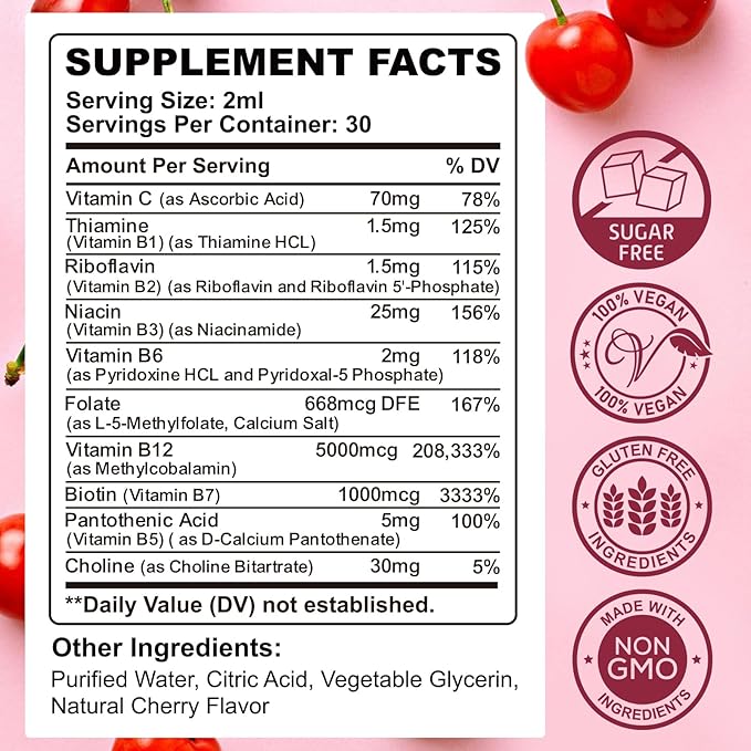 (2 Pack) Vitamin B Complex Liquid Drops, B Vitamins Complex Supplement with B1, B2, B3, B5 B6, B7, B9 & Methyl B12 Drops for Adults & Kids, Vegan, Cherry Flavor