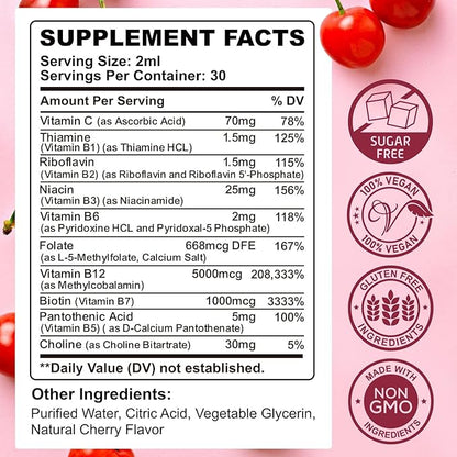 (2 Pack) Vitamin B Complex Liquid Drops, B Vitamins Complex Supplement with B1, B2, B3, B5 B6, B7, B9 & Methyl B12 Drops for Adults & Kids, Vegan, Cherry Flavor